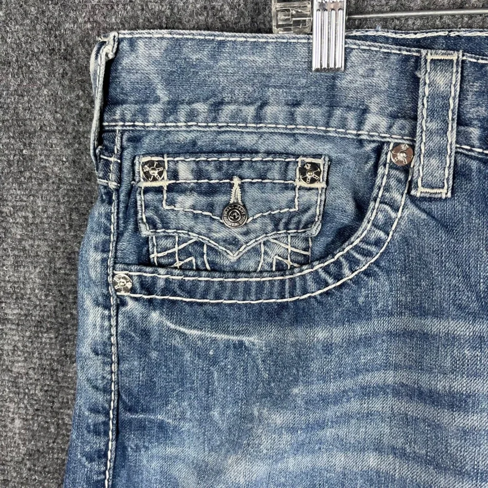 True Religion Straight Leg Jeans Mens 40 Blue Contrast Stitch‎ Medium Wash Denim